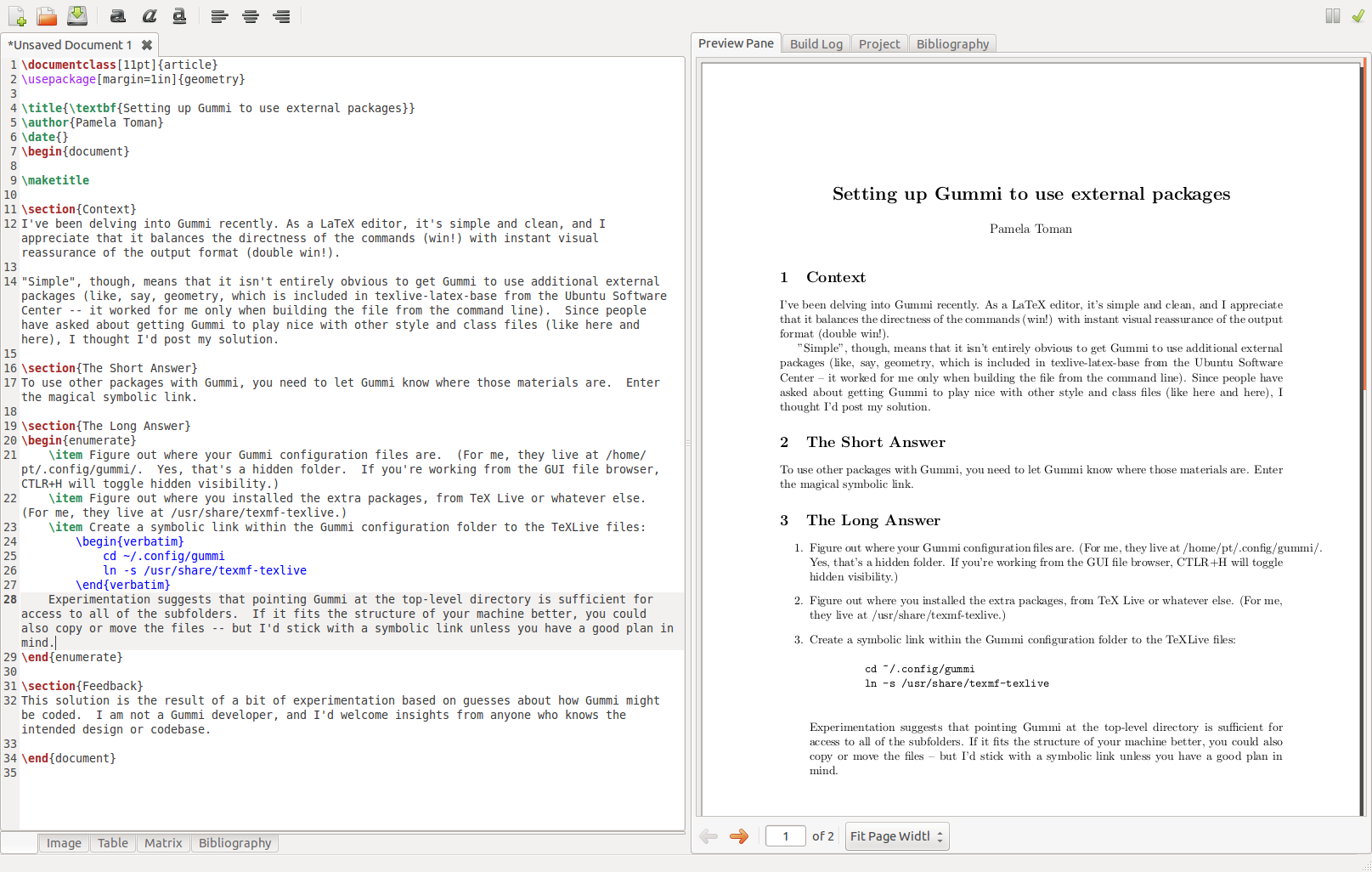 Screenshot of Gummi -- LaTeX code on left, preview on right